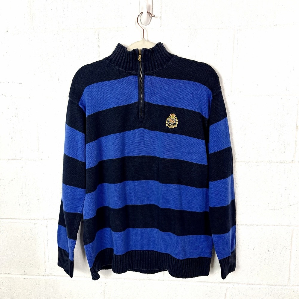 VTG Lauren Ralph Lauren Men 90s 1/4 Zip Sweater Crest Stripes Old Money Preppy M